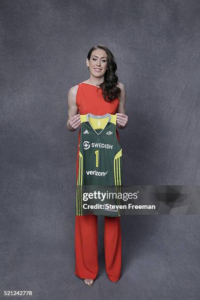 The number one overall pick Breanna Stewart by the Seattle Storm poses for a portrait during the 2016 WNBA Draft Presented By State Farm on April 14,...