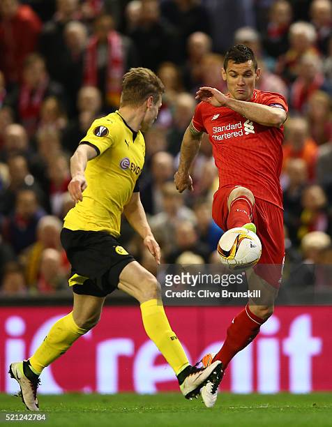 Dejan Lovren of Liverpool in action during the UEFA Europa League quarter final second leg match between Liverpool and Borussia Dortmund at Anfield...