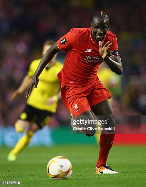 Mamadou Sakho of Liverpool in action during the UEFA Europa League quarter final second leg match between Liverpool and Borussia Dortmund at Anfield...