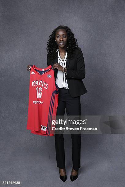 The number seven overall pick Kahleah Copper by the Washington Mystics poses for a portrait during the 2016 WNBA Draft Presented By State Farm on...