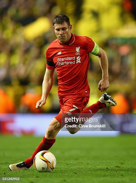 James Milner of Liverpool in action during the UEFA Europa League quarter final second leg match between Liverpool and Borussia Dortmund at Anfield...
