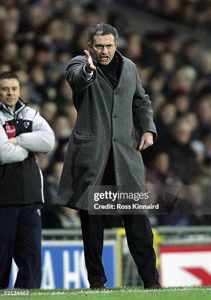 Jose Mourinho, manager of Chelsea, gets animated during the Barclays Premiership match between Blackburn Rovers and Chelsea at Ewood Park on February...