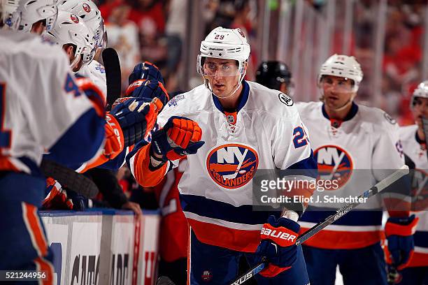 Brock Nelson of the New York Islanders celebrates his goal with teammates in the first period against the Florida Panthers in Game One of the Eastern...