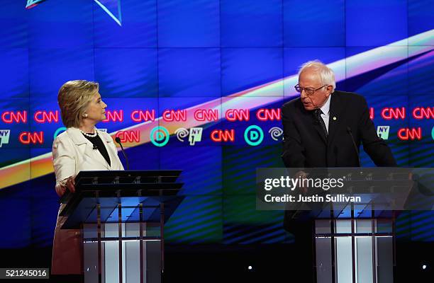 Democratic Presidential candidates Hillary Clinton and Sen. Bernie Sanders debate during the CNN Democratic Presidential Primary Debate at the Duggal...