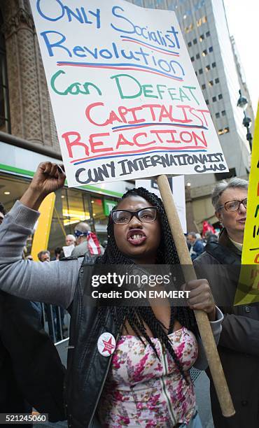 Protesters gather near Grand Central Station to protest against US Republican presidential candidate Donald Trump who was attending a New York GOP...