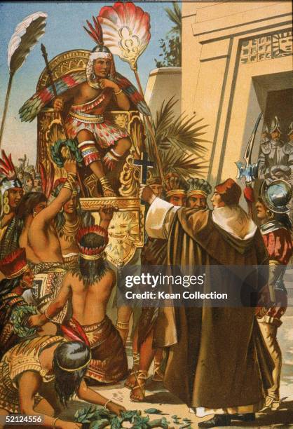 Spanish missionary Vicente de Valverde of the Pizarro expedition to Cajamarca holds up a cross as he preaches Christianity to Incan emperor Atahualpa...