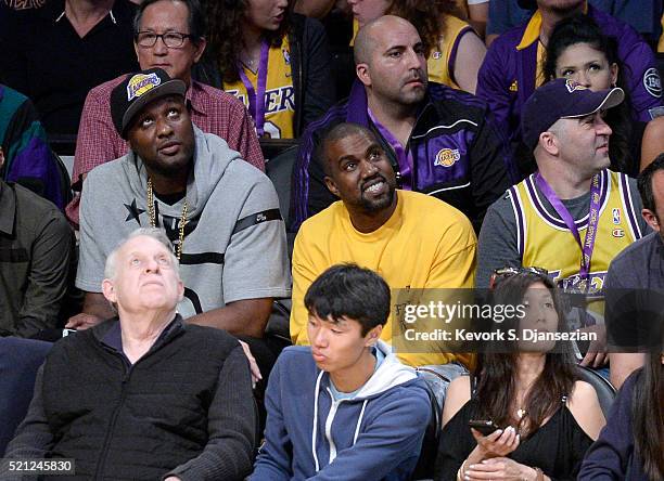 Lamar Odom and Kanye West attend Kobe Bryant's final game between the Utah Jazz and the Los Angeles Lakers at Staples Center on April 13, 2016 in Los...