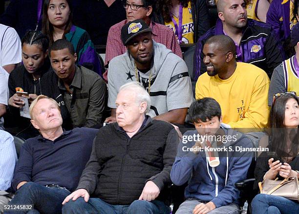 Lamar Odom and Kanye West attend Kobe Bryant's final game between the Utah Jazz and the Los Angeles Lakers at Staples Center on April 13, 2016 in Los...