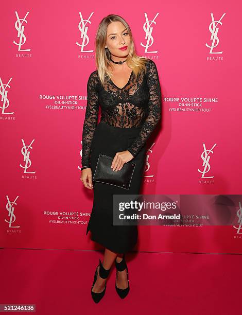 Lisa Clarke arrives ahead of a YSL beauty launch at Sydney Town Hall on April 14, 2016 in Sydney, Australia.