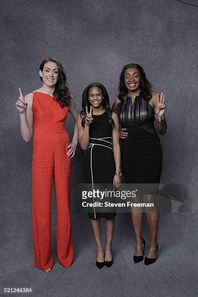 Breanna Walker, Moriah Jefferson and Morgan Tuck of UConn poses for a portrait during the 2016 WNBA Draft Presented By State Farm on April 14, 2016...