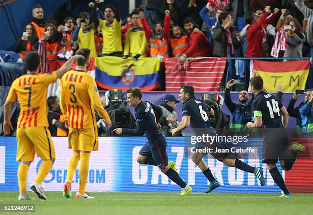 Antoine Griezmann of Atletico Madrid celebrates his second goal with Koke during the UEFA Champions League quarter final second leg match between...