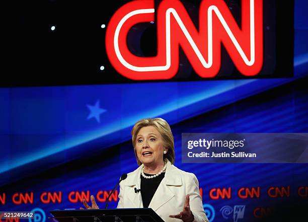 Democratic Presidential candidates Hillary Clinton debates Sen. Bernie Sanders during the CNN Democratic Presidential Primary Debate at the Duggal...