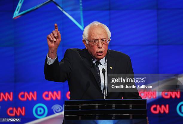 Democratic Presidential candidate Sen. Bernie Sanders debates against Hillary Clinton during the CNN Democratic Presidential Primary Debate at the...