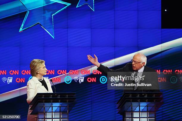 Democratic Presidential candidates Hillary Clinton and Sen. Bernie Sanders debate during the CNN Democratic Presidential Primary Debate at the Duggal...