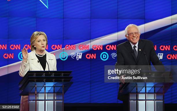 Democratic Presidential candidates Hillary Clinton and Sen. Bernie Sanders debate during the CNN Democratic Presidential Primary Debate at the Duggal...