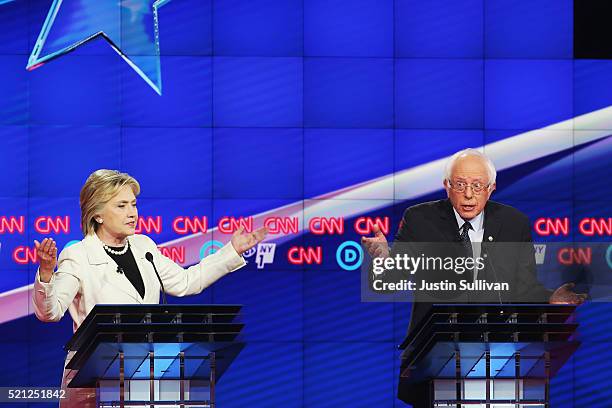 Democratic Presidential candidates Hillary Clinton and Sen. Bernie Sanders debate during the CNN Democratic Presidential Primary Debate at the Duggal...