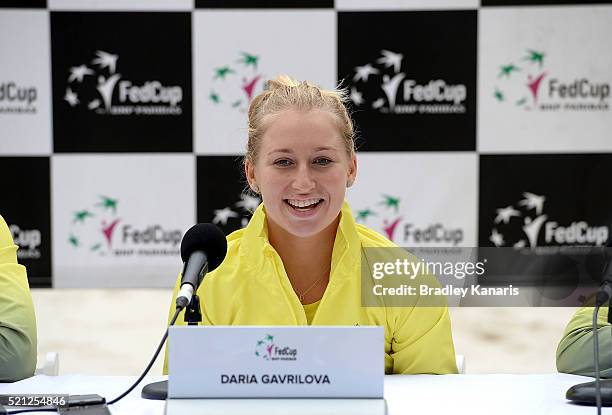 Daria Gavlirova speaks during the Fed Cup press conference at Southbank on April 15, 2016 in Brisbane, Australia.