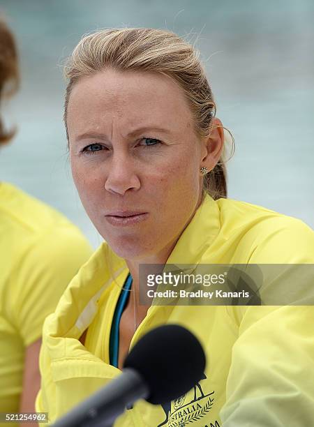 Alicia Molik speaks during the Fed Cup press conference at Southbank on April 15, 2016 in Brisbane, Australia.