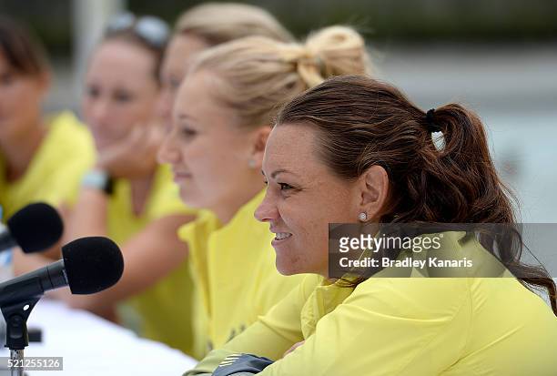 Casey Dellacqua speaks during the Fed Cup press conference at Southbank on April 15, 2016 in Brisbane, Australia.
