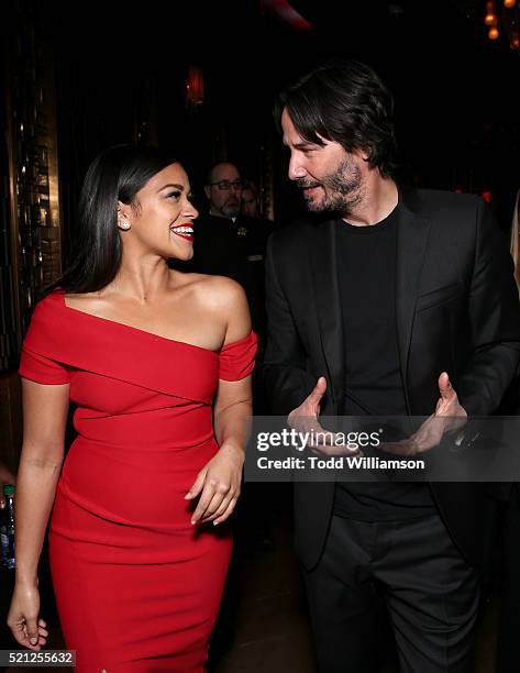 Actress Gina Rodriguez, recipient of the Female Star of Tomorrow Award, and actor Keanu Reeves, recipient of the Vanguard Award, attend the CinemaCon...