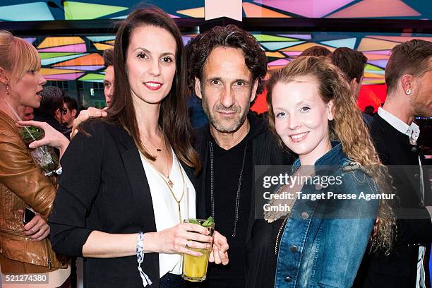 Katrin Wrobel, Falk-Willy Wild and Vaile Fuchs attend the 'World of Cyberobics' presentation on April 14, 2016 in Berlin, Germany.