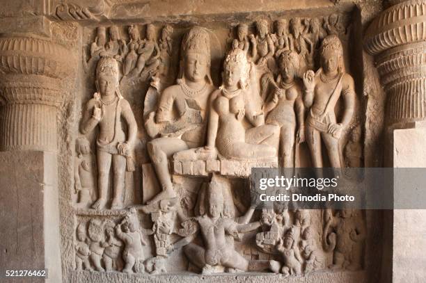 shiva parvati and ravana dumar lena at ellora cave, aurangabad, maharashtra, india - ellora stock pictures, royalty-free photos & images