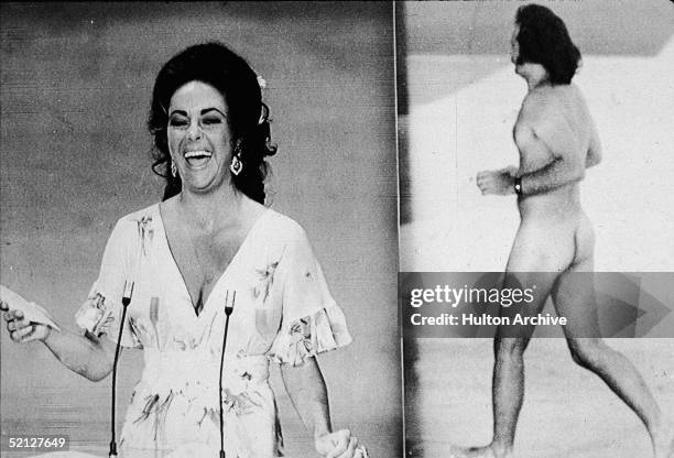 British-born actress Elizabeth Taylor laughs as she remarks that she was upstaged by streaker Robert Opal before presenting the Oscar for Best...