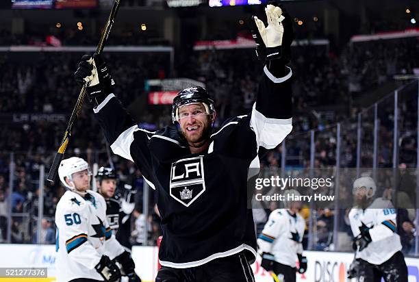 Jeff Carter of the Los Angeles Kings celebrates his goal to tie the score 2-2 with the San Jose Sharks during the second period in Game One of the...