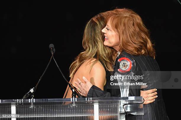 Actress Susan Sarandon accepts the Cinema Icon Award from television personality Liz Hernandez during the CinemaCon Big Screen Achievement Awards...