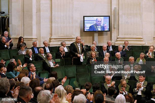 Marc Lambron makes e speach as he becomes a Member of the Academie Francaise : Official Ceremony on April 14, 2016 in Paris, France.