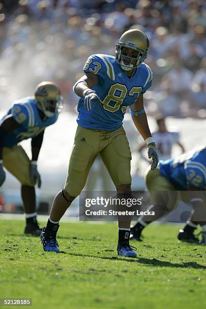 Marcus Everett of the UCLA Bruins gets into position before the snap during the game against the Washington State Cougars at the Rose Bowl on...