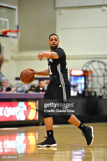 Demetri McCamey of the Austin Spurs dribbles the basketball against the Los Angeles Defenders during Game One of the 2016 NBA D-League Western...