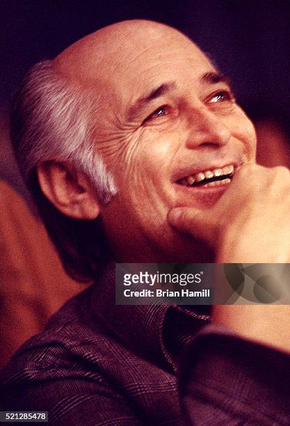 Close-up of American television producer and writer Norman Lear as he laughs on the set of his tv show 'The Jeffersons' at CBS Studios, Los Angeles,...