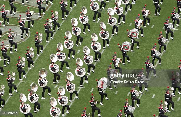 The Ohio State University Marching Band performs during an intermission in the game between the Ohio State University Buckeyes and the University of...