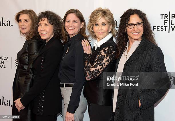 Paula Weinstein, Lily Tomlin, Marcy Ross, Jane Fonda, and Dana Goldberg attend the Tribeca Tune In: "Grace and Frankie" during the 2016 Tribeca Film...