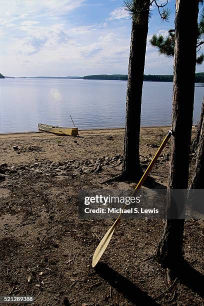 canoe on lakeshore of pickerel lake - quetico provincial park stock pictures, royalty-free photos & images