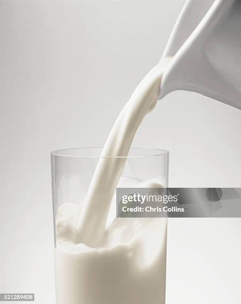 pouring milk into glass - milk stockfoto's en -beelden