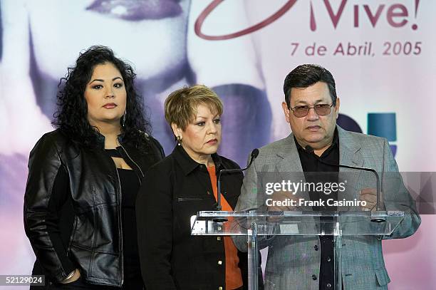 Suzette and Marcela Quintanilla listen as Abraham Quintanilla speaks during the "Selena ?Vive!" press conference February 3, 2005 in Houston, Texas.