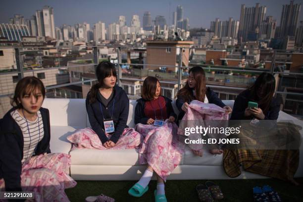 In a photo taken on April 8, 2016 Ji-Hee Lee , Min-Bin Shin , Jin-Hee Sohn , Yoo-Jung Lee , and Ju-Yeon Choi of the all-female computer gaming team...