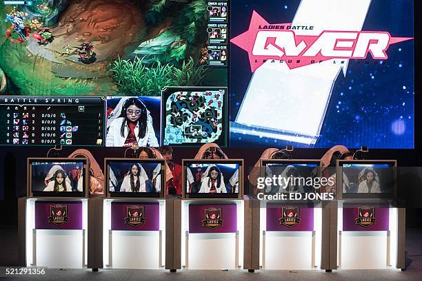 In a photo taken on April 12, 2016 members of the all-female computer gaming team 'QWER' Ji-Hee Lee , Yoo-Jung Lee , Ju-Yeon Choi , Min-Bin Shin ,...