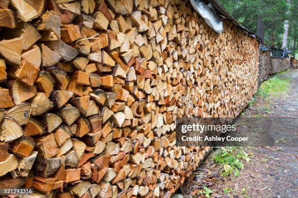 wood cut for space heating houses, drying in val ferret in the swiss alps. - leña fotografías e imágenes de stock