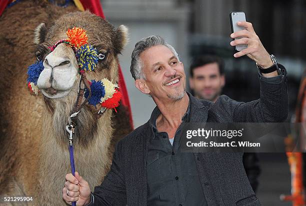 Gary Lineker launches 'Walkers Spell & Go' at Marble Arch on April 15, 2016 in London, England.