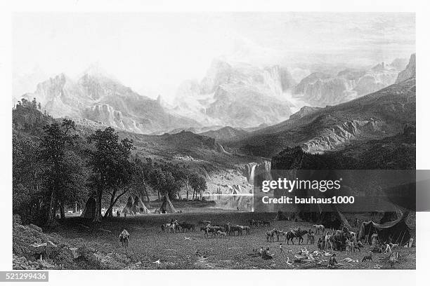 lander’s peak in the colorado rocky mountains victorian engraving - teepee stock illustrations