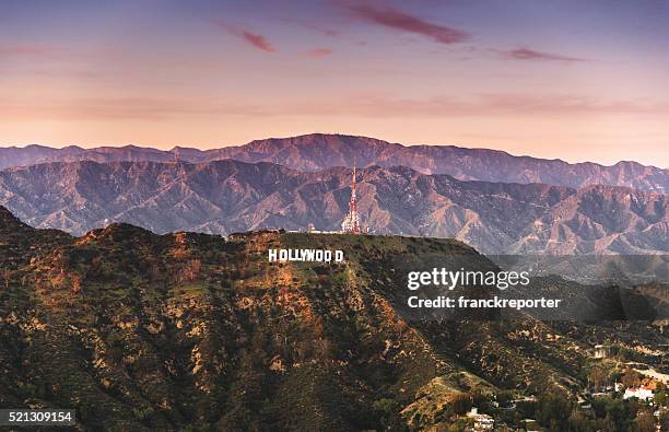 aerial view of the hollywood sign at dusk - hollywood bildbanksfoton och bilder