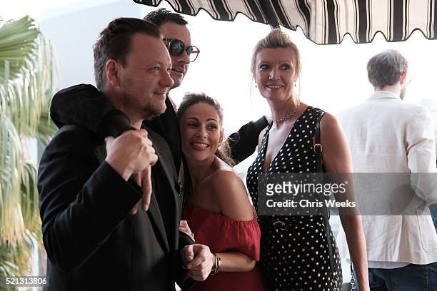 Nick Bull, John Niven and Eva McBride attend the launch of Jade Jagger's new fine jewelry collection at Chateau Marmont on April 14, 2016 in Los...