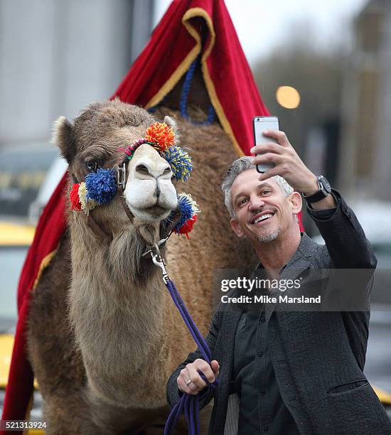 Gary Linker launches 'Walkers Spell & Go' at Marble Arch on April 15, 2016 in London, England.