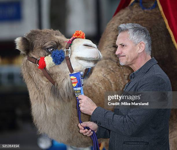 Gary Linker launches 'Walkers Spell & Go' at Marble Arch on April 15, 2016 in London, England.