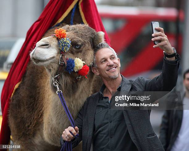 Gary Linker launches 'Walkers Spell & Go' at Marble Arch on April 15, 2016 in London, England.