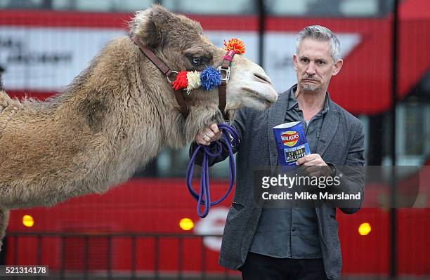 Gary Linker launches 'Walkers Spell & Go' at Marble Arch on April 15, 2016 in London, England.
