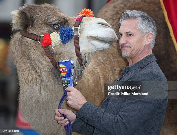 Gary Linker launches 'Walkers Spell & Go' at Marble Arch on April 15, 2016 in London, England.